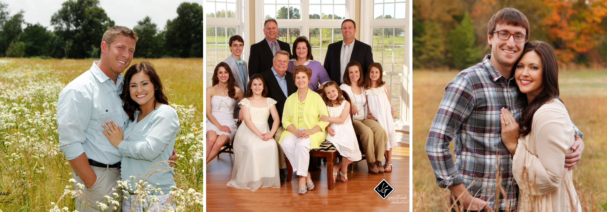 Photos collage of a wedding, children, and Senior photo shoot
